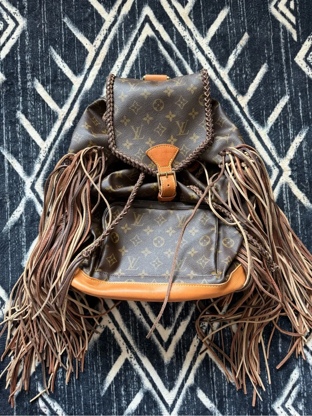 Vintage Boho Louis Vuitton Reworked Luxury Monogram Brown Fringe Leather Backpac